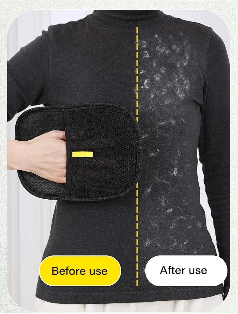 A person demonstrates the use of a black pet hair removal glove on a black long-sleeved shirt, showing before and after resul