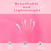 Pink breathable and lightweight fabric with arrows indicating ventilation, strong resilience, and cool comfort.