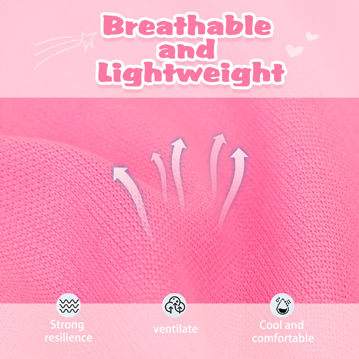 Pink breathable and lightweight fabric with arrows indicating ventilation, strong resilience, and cool comfort.