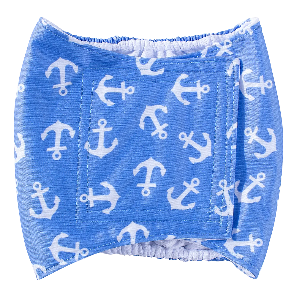 Light blue fabric belly band for male dogs featuring a repeating white anchor pattern