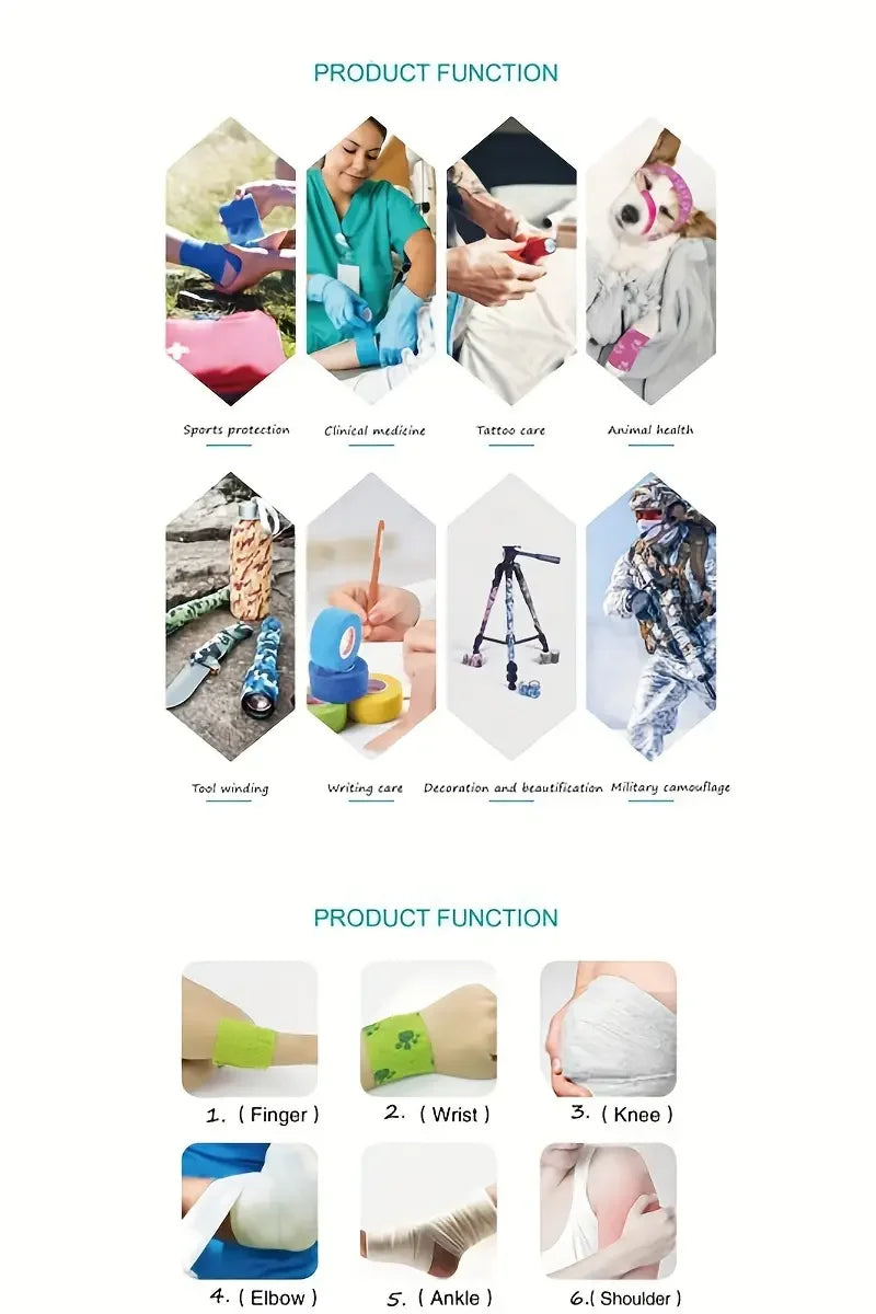 Vendas adhesivas de agarre coloridas para tatuajes, mostradas en diversas aplicaciones como protección deportiva y salud anim