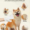 A dog is being cleaned with pet dry cleaning gloves, demonstrating easy and effective cleaning of the face, ear, body, and pa