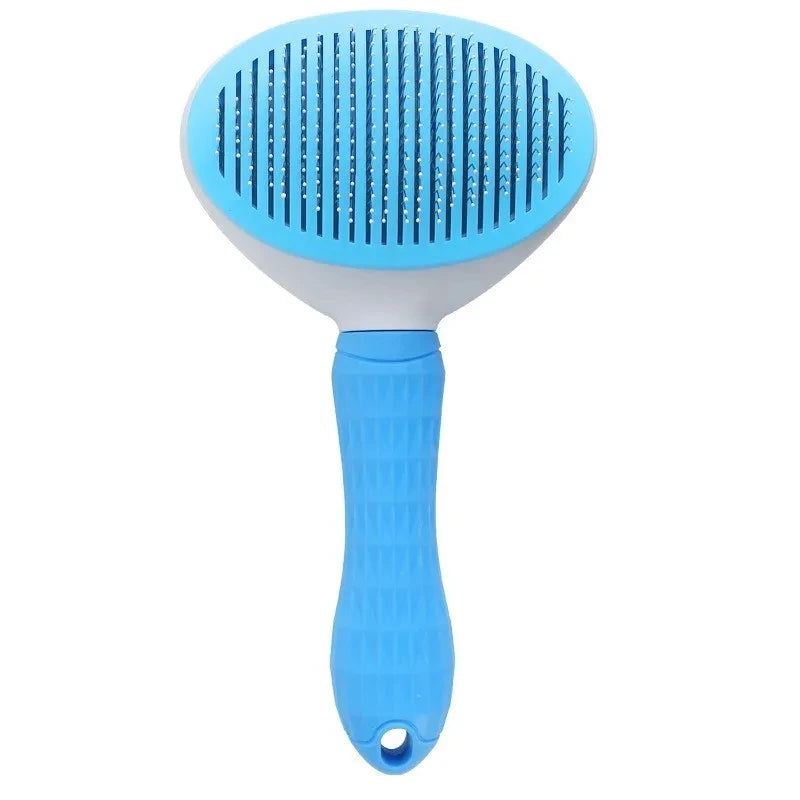 A light blue pet hair remover grooming brush with a white head and blue handle.