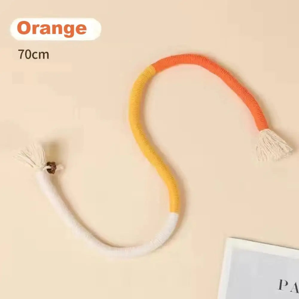 Orange and white cotton rope cat teaser toy with a fluffy end