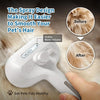 A white pet grooming steam brush is shown smoothing a pet's hair, demonstrating before and after results.