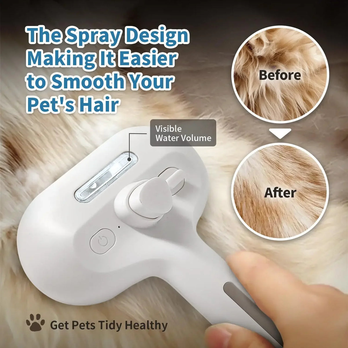 A white pet grooming steam brush is shown smoothing a pet's hair, demonstrating before and after results.