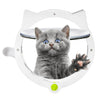 Un chaton gris et duveteux regarde directement la caméra à travers un panneau de porte blanc pour animaux.