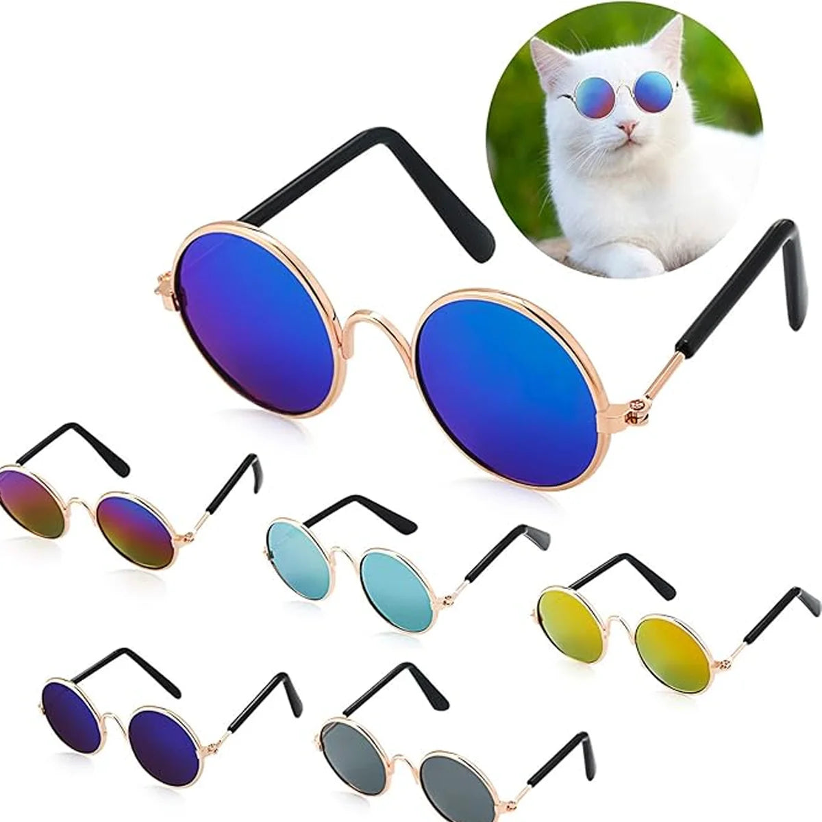A set of vintage round pet sunglasses for dogs and cats featuring a purple lens and gold frame.