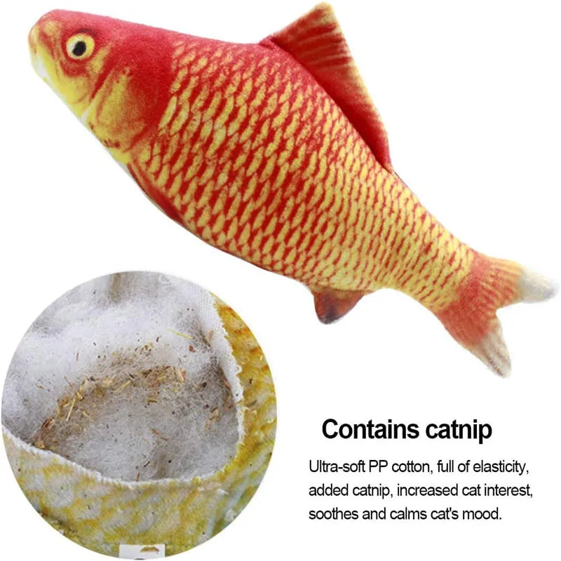 A plush toy shaped like a red and yellow fish with textured scales.