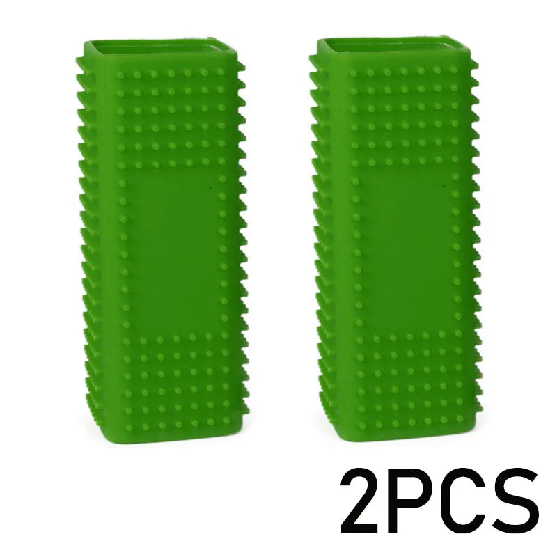 Two bright green pet hair removal brushes with silicone hollow rubber bristles.