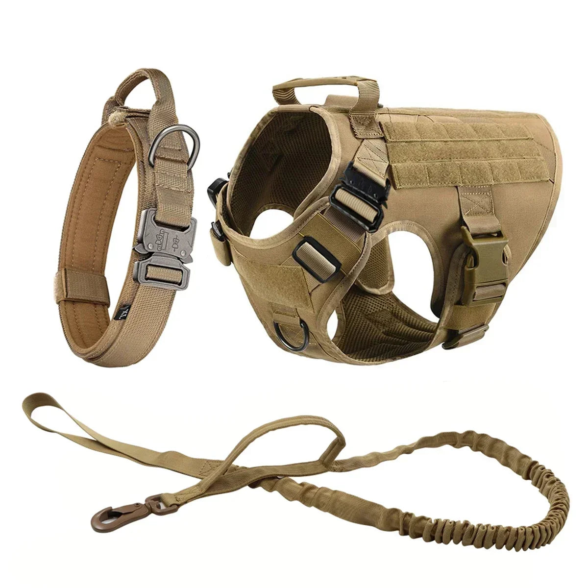 A tan tactical dog harness with a collar and MOLLE pouches shown alongside the main harness and strap.