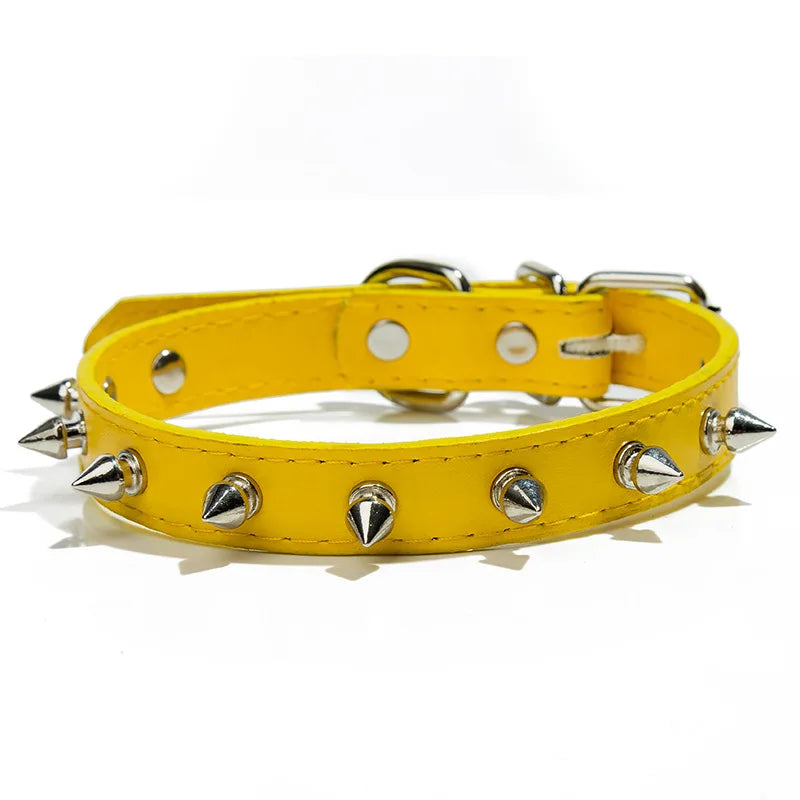 Yellow studded leather dog collar with metal rivets