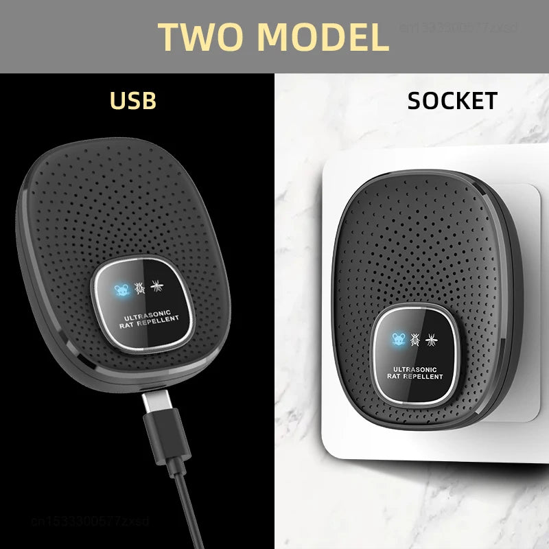 A black ultrasonic rat repellent device shown in USB and socket versions.