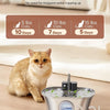 A stainless steel cat water fountain is shown with a cat drinking water, demonstrating its large capacity and features.
