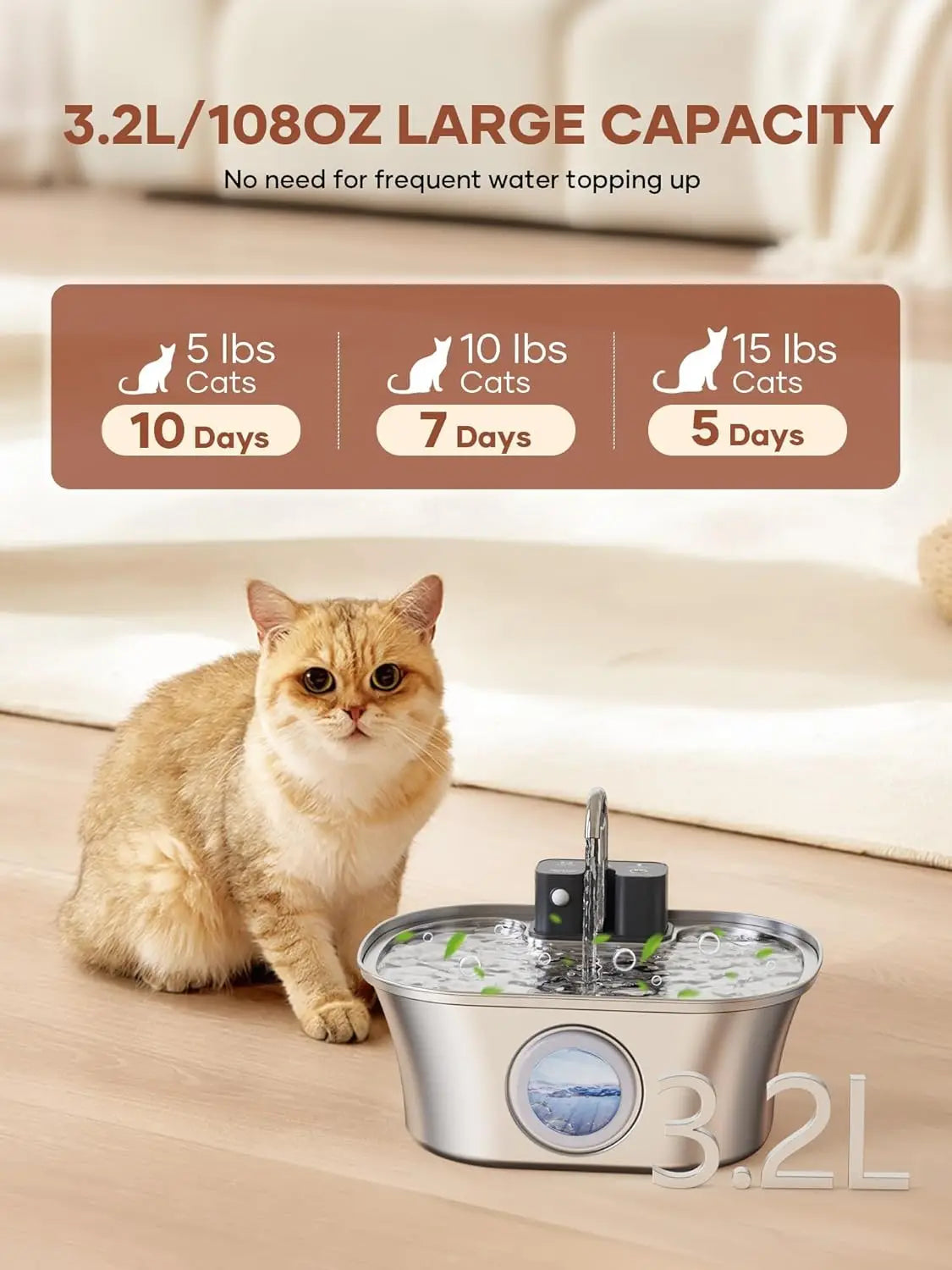 A stainless steel cat water fountain is shown with a cat drinking water, demonstrating its large capacity and features.