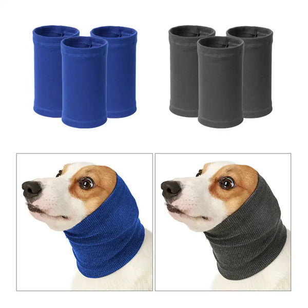 Set of blue and gray noise-cancelling pet ear muffs and headbands for dogs