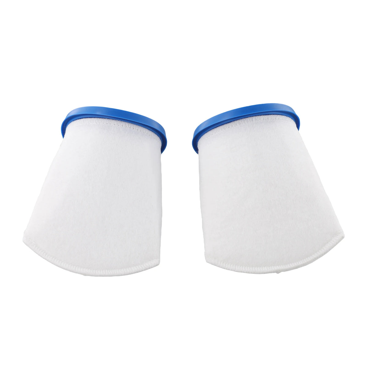 A pair of white reusable sand and silt filter bags with blue rims.