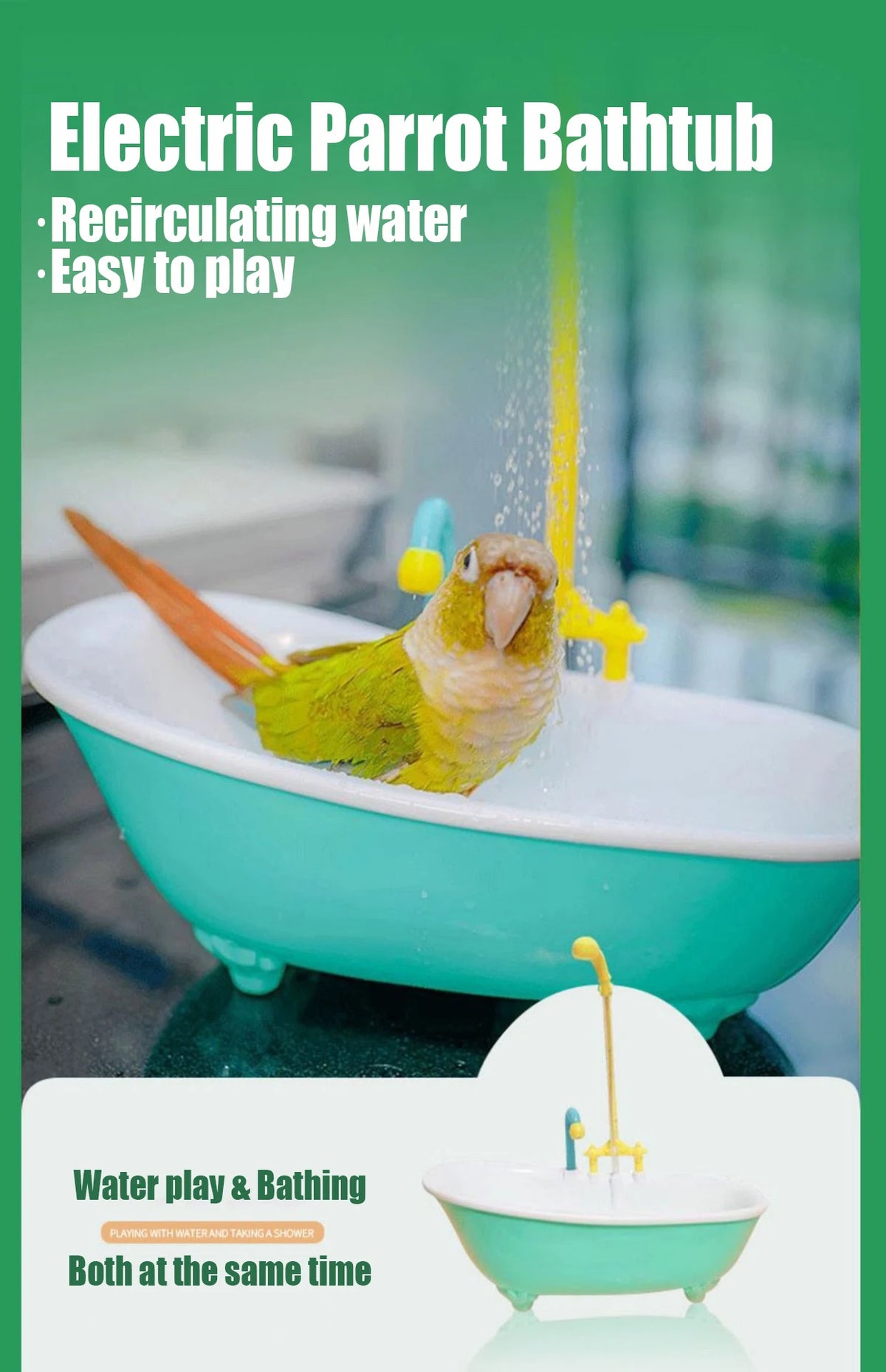 Ein grüner Papagei badet in einer hellblauen elektrische Papageitbadewanne mit fließendem Wasser.