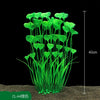 A vertical arrangement of bright green artificial aquarium plants with long stems shown against a black background.