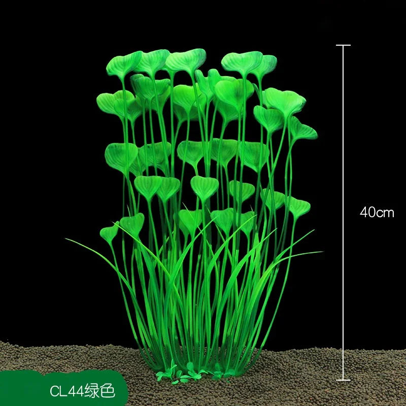 A vertical arrangement of bright green artificial aquarium plants with long stems shown against a black background.