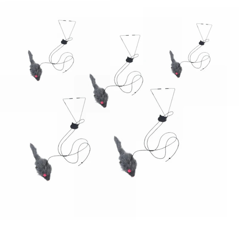 A gray interactive door hanging cat toy with a mouse teaser, shown in various configurations.