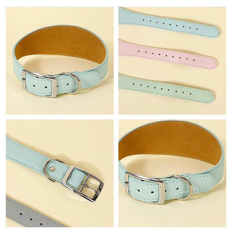 Various styles of wide leather dog collars in light blue, pink, and natural tan leather.