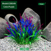 A cluster of vibrant purple and blue artificial aquarium plants growing in a rocky landscape.