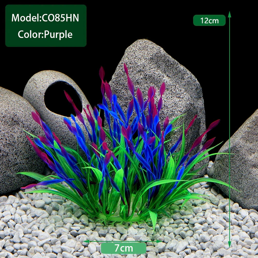 A cluster of vibrant purple and blue artificial aquarium plants growing in a rocky landscape.