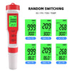 A white and red digital water quality meter for random switching of EC, pH, TDS, and TEMP measurements.