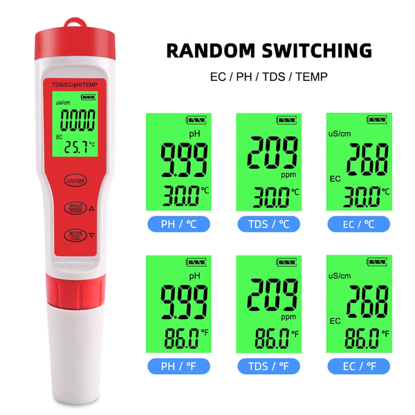 A white and red digital water quality meter for random switching of EC, pH, TDS, and TEMP measurements.
