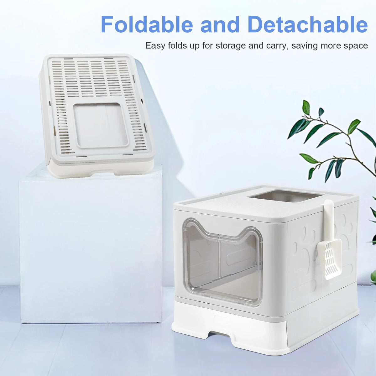 A white foldable and detachable cat litter box is shown on a surface, demonstrating its design for storage and carrying.
