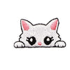 A cute embroidered cat patch featuring white fur and pink accents on a gray background.