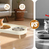 A comparison showing an orange tabby cat interacting with an elevated food bowl and a gray cat eating from a bowl.