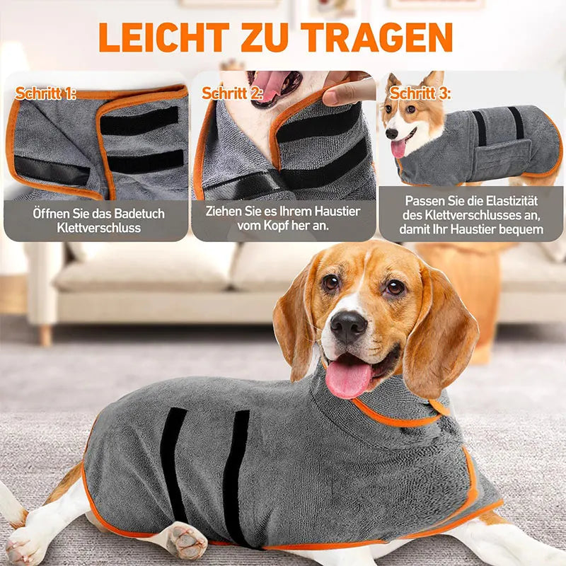 Un chien portant un peignoir gris absorbant conçu pour être facilement transporté, montré à côté des instructions.