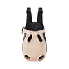 A beige breathable mesh pet carrier backpack with black straps and a soft lining.