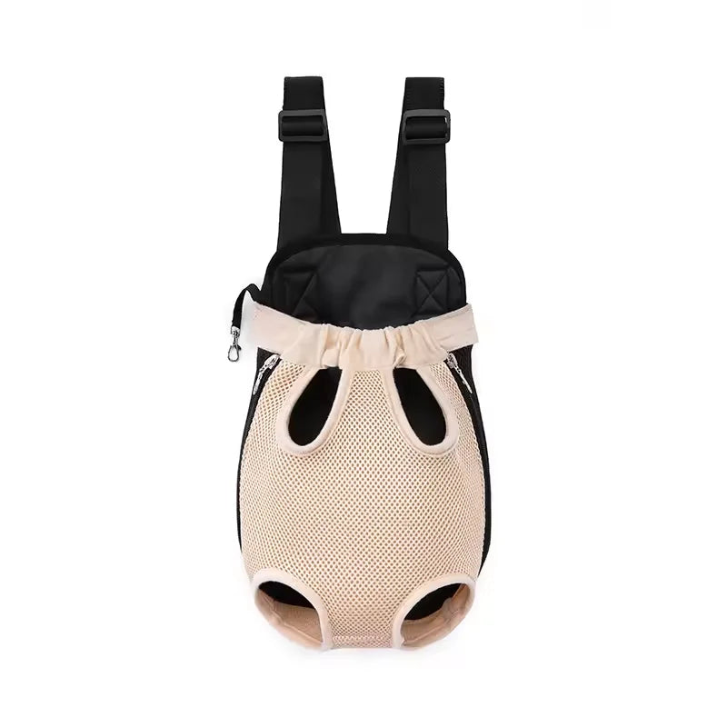 A beige breathable mesh pet carrier backpack with black straps and a soft lining.
