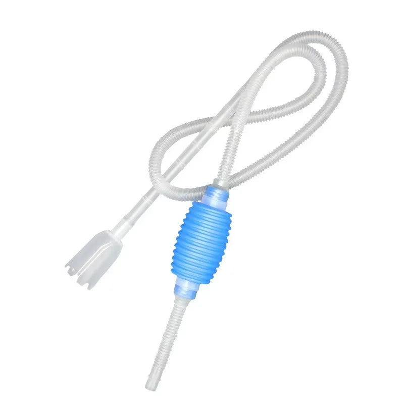 A clear aquarium siphon gravel cleaner with a blue pump and flexible tubing.