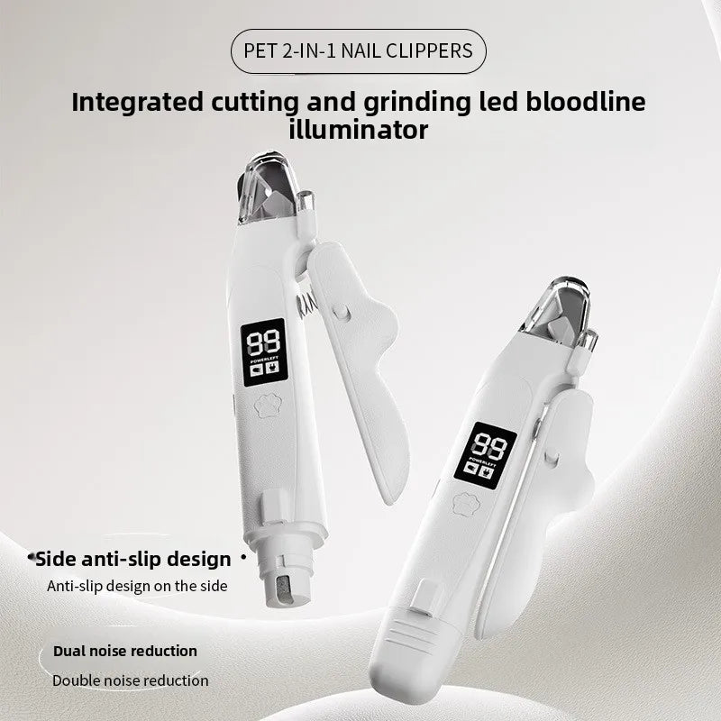 A white pet nail clippers and grinder set with LED illuminator shown against a light background.
