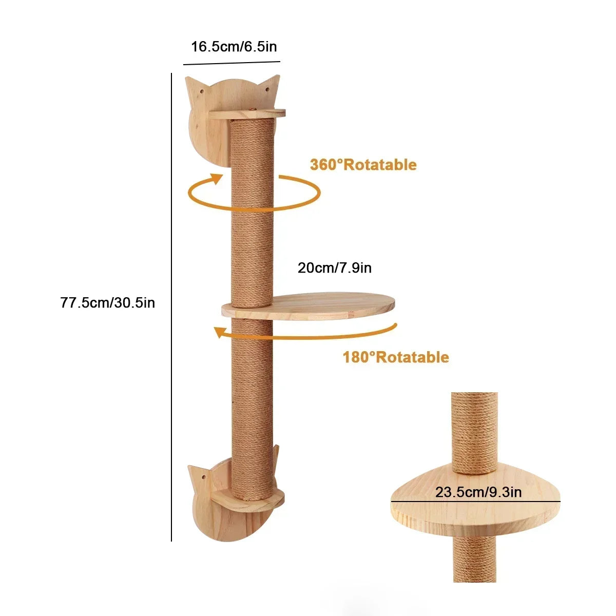 Natural wooden cat wall shelves and climbing perches with 360 and 180 degree rotatable features