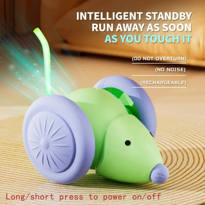 A purple and green electric cat ball toy resting on a wooden surface with text describing its features.