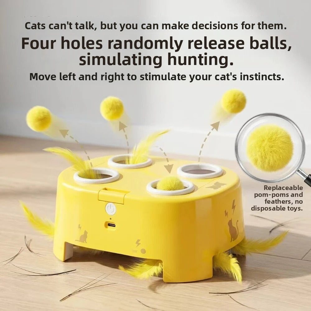 Yellow interactive cat toy with four holes randomly releasing balls and feathers to simulate hunting