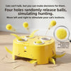 Yellow interactive cat toy with four holes randomly releasing balls and feathers to simulate hunting