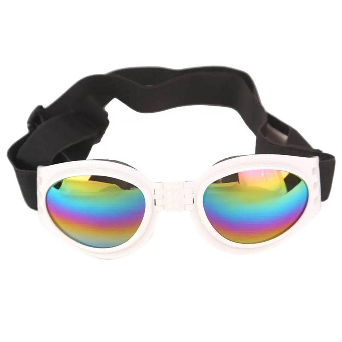Black foldable pet sunglasses with colorful mirrored lenses for eye protection