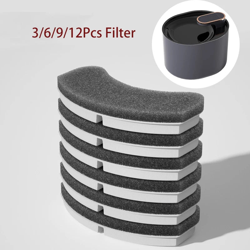 A stack of replacement filters for pet water fountains, showing various sizes and materials.