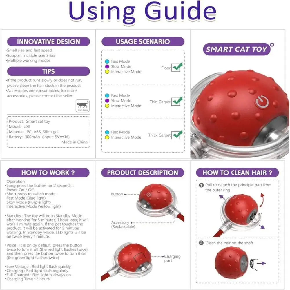 Red automatic cat and dog training ball with a charging port and various modes for training.