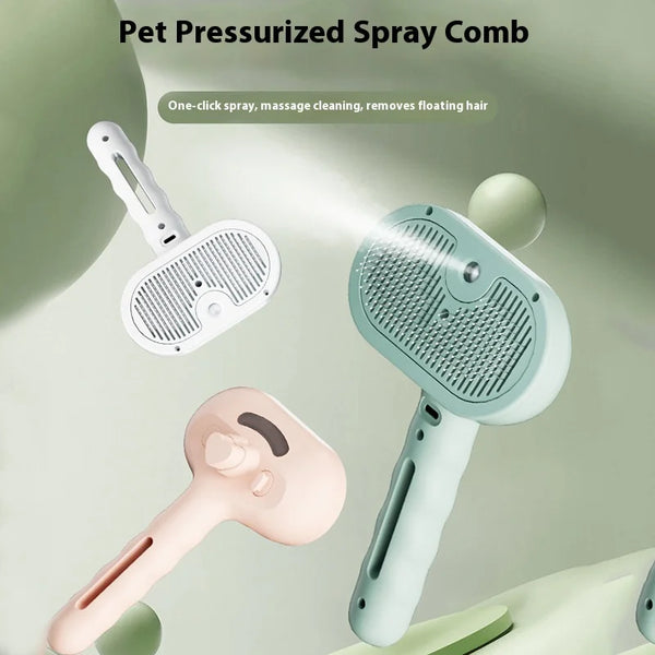 A pet pressurized spray comb in light blue and pink colors shown with a brush head and a grooming tool.