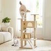 A light beige cat tree tower with sisal scratching posts and cozy condos, featuring a fluffy kitten and an adult cat.