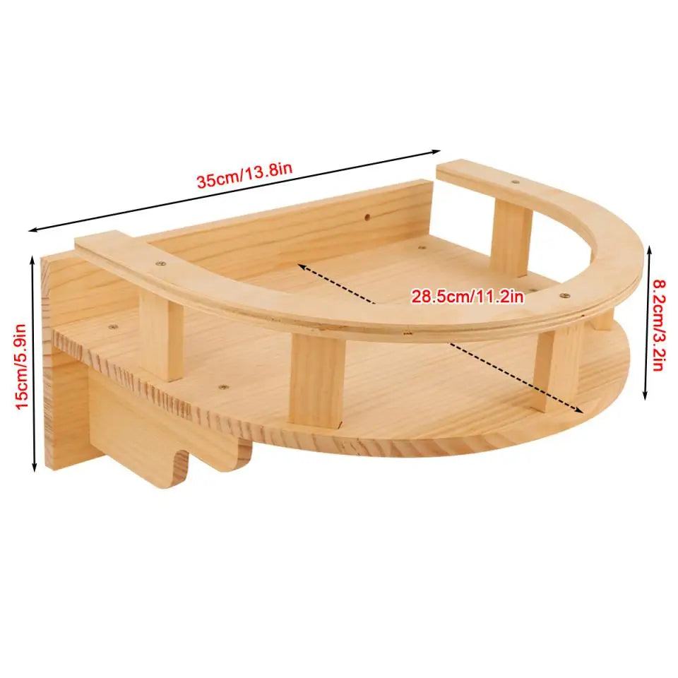 Natural wooden cat wall shelves and climbing perches with dimensions marked.