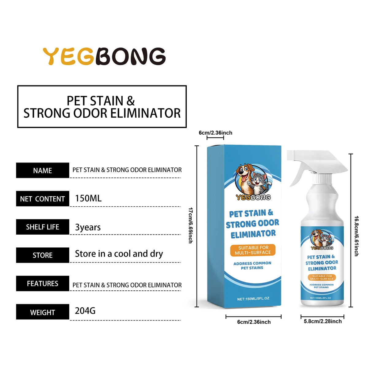 A bottle of Pet Stain & Strong Odor Eliminator spray with a white pump dispenser and blue label.