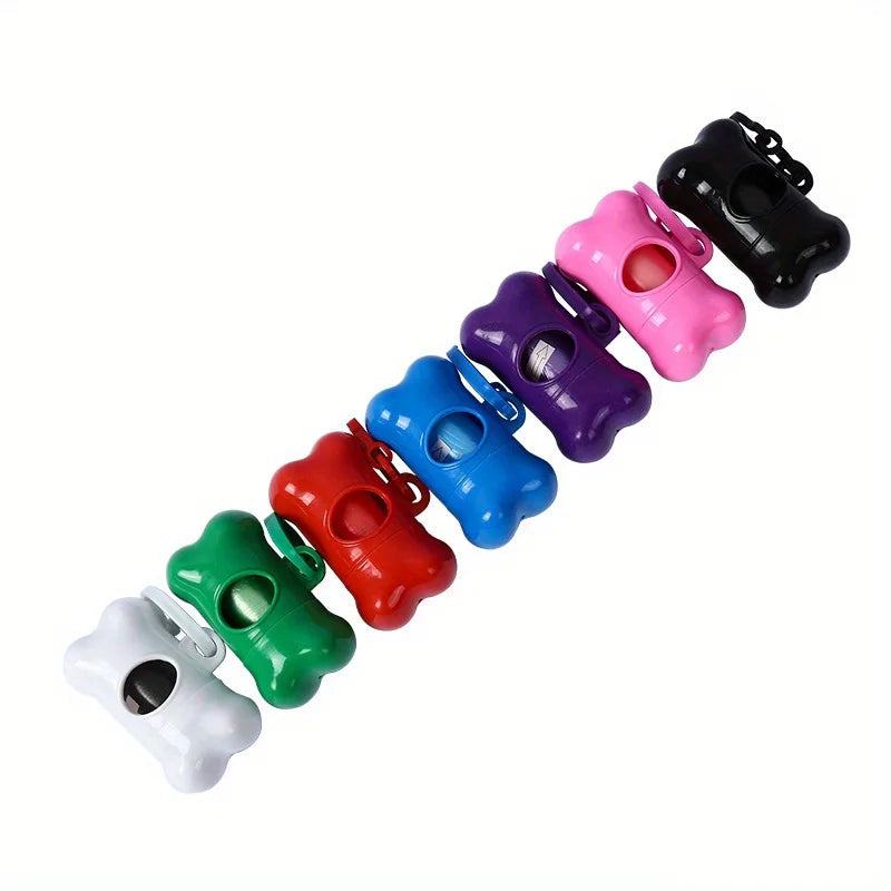 A line of bone-shaped pet poop bags dispensers in various bright colors, including pink, purple, blue, red, green, and black.